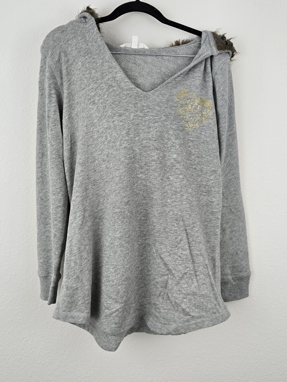 Gray Victoria Secret Vneck Faux Fur Hooded Long Sleeve